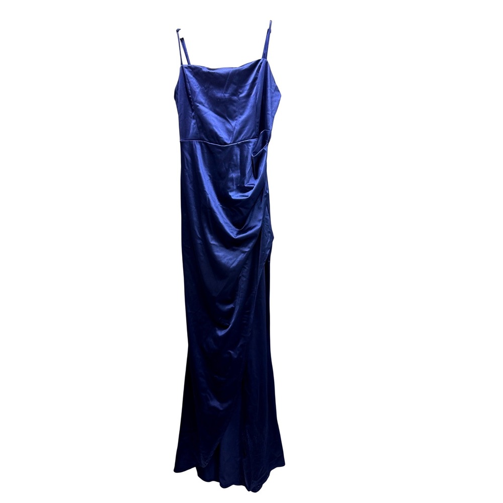 Honey and Rosie Navy Blue Satin Ruched Prom Formal Gown XL Slit Spaghetti Strap